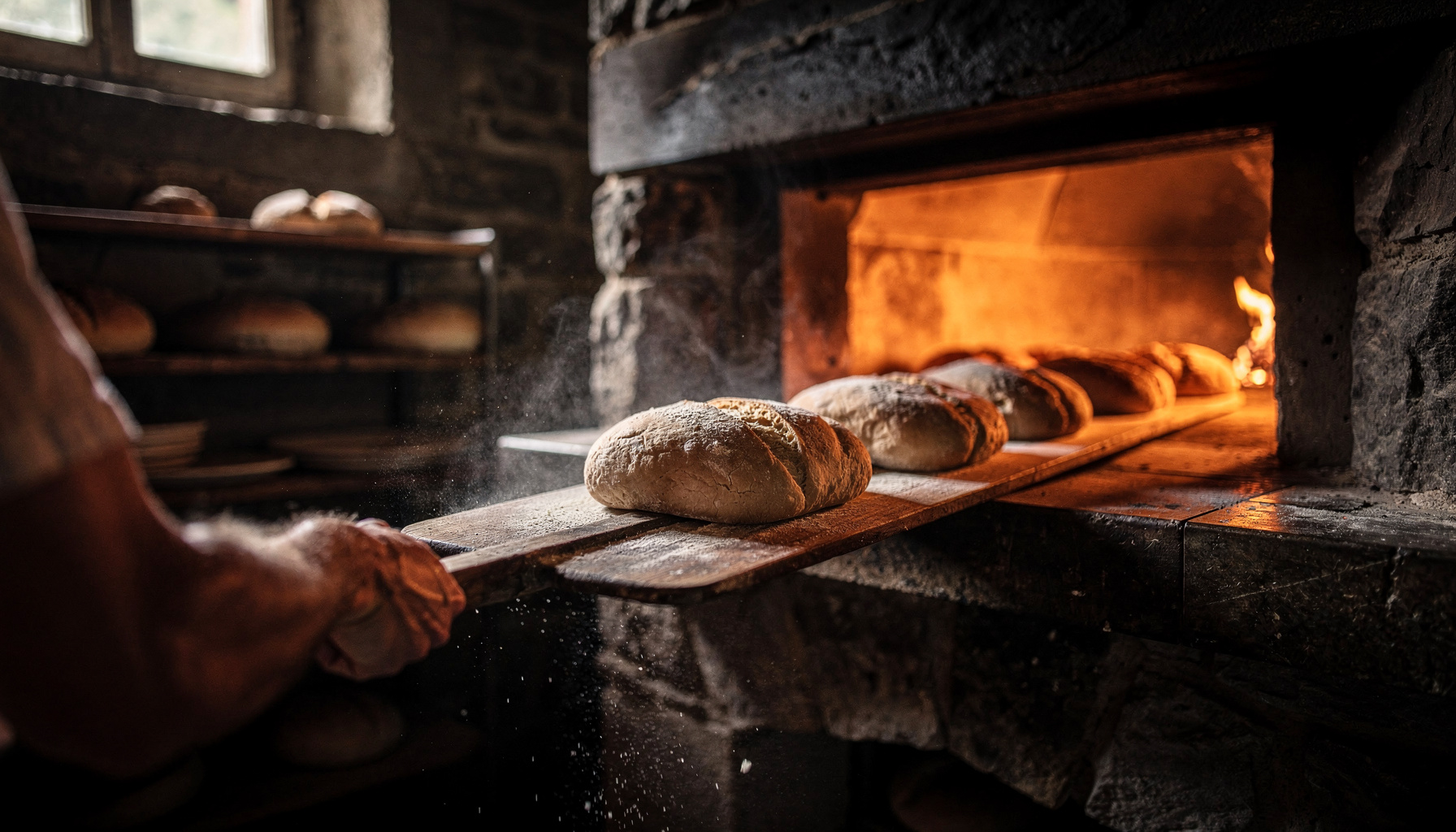 Des pains enfournés au four à bois du fournil